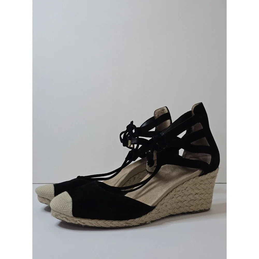 Vionic Calypso Espadrille Wedge Sandals Black Suede Lace Up Women's Size 11